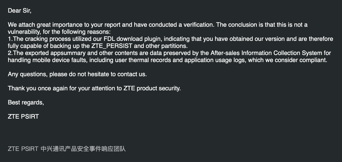 ZTE's response